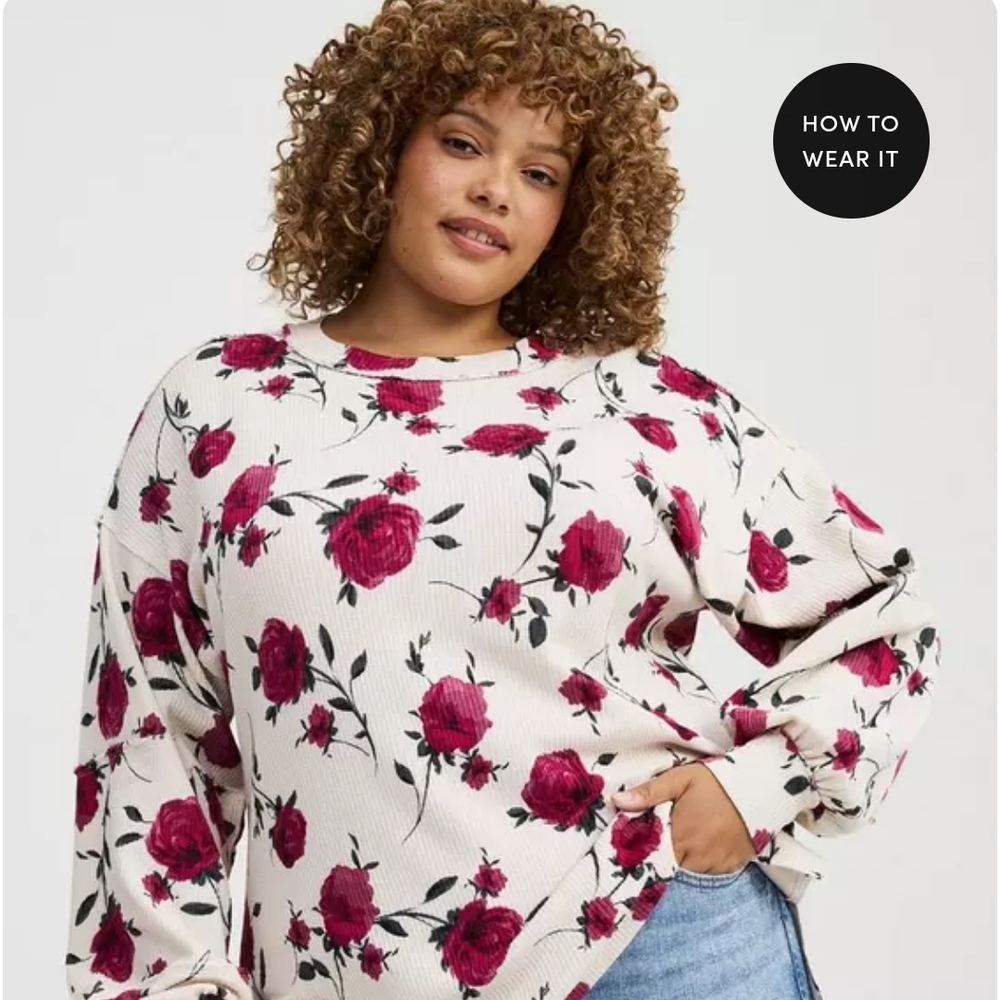 torrid Waffle Knit Cozy Long Sleeve with Pink Rose Print